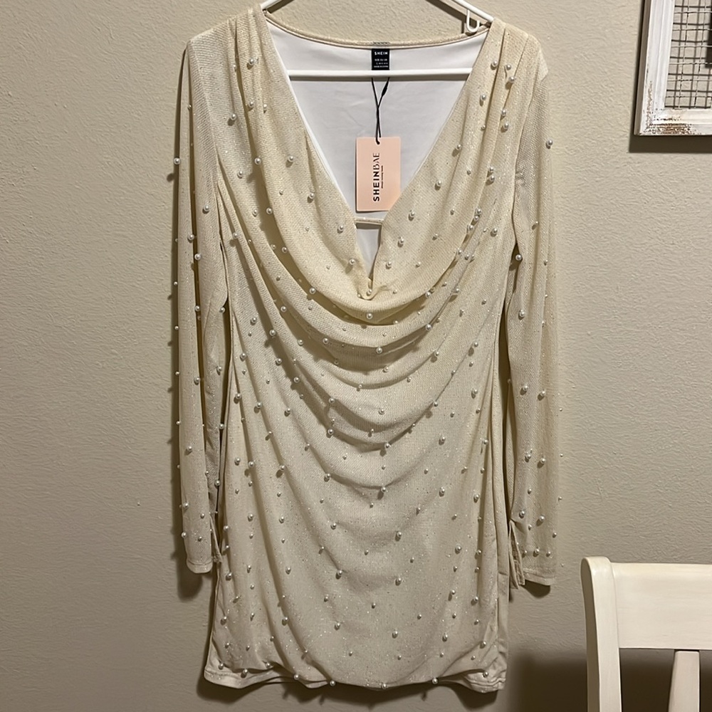 SHEIN Cream Midi Dress with Pearl Accents